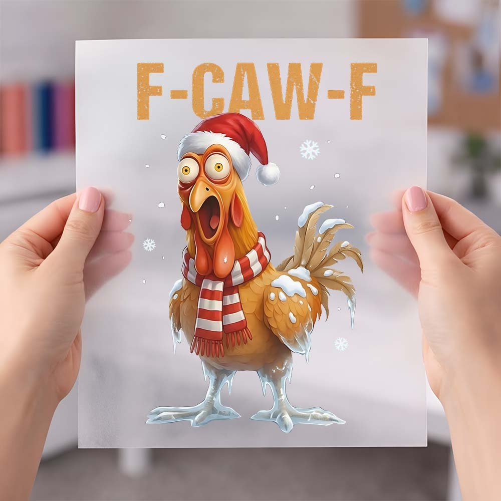 May include a funny “F-Caw-F Christmas Rooster” design as a 9.5-inch DTF transfer, ideal for customizing T-shirts, sweatshirts, tote bags, and other apparel.