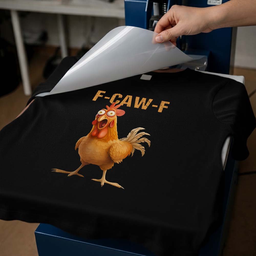 May include a funny chicken DTF transfer featuring a playful “F-Caw-F” design, sized at 9.5 inches, ideal for customizing T-shirts, sweatshirts, tote bags, and other apparel.