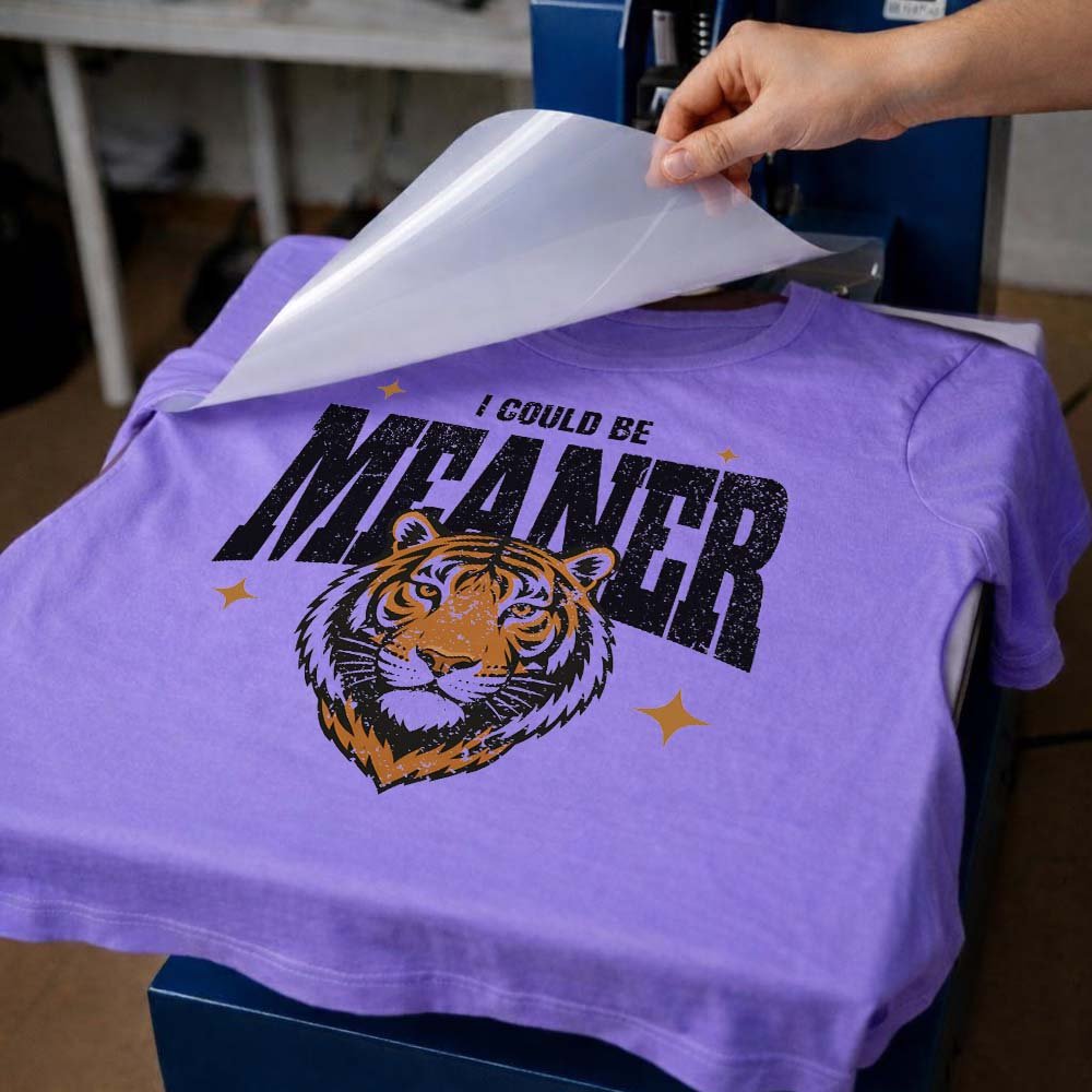 May include a retro Y2K tiger design with the phrase “I Could Be Meaner,” created as a 9.5-inch DTF transfer for customizing T-shirts, sweatshirts, tote bags, and other apparel.