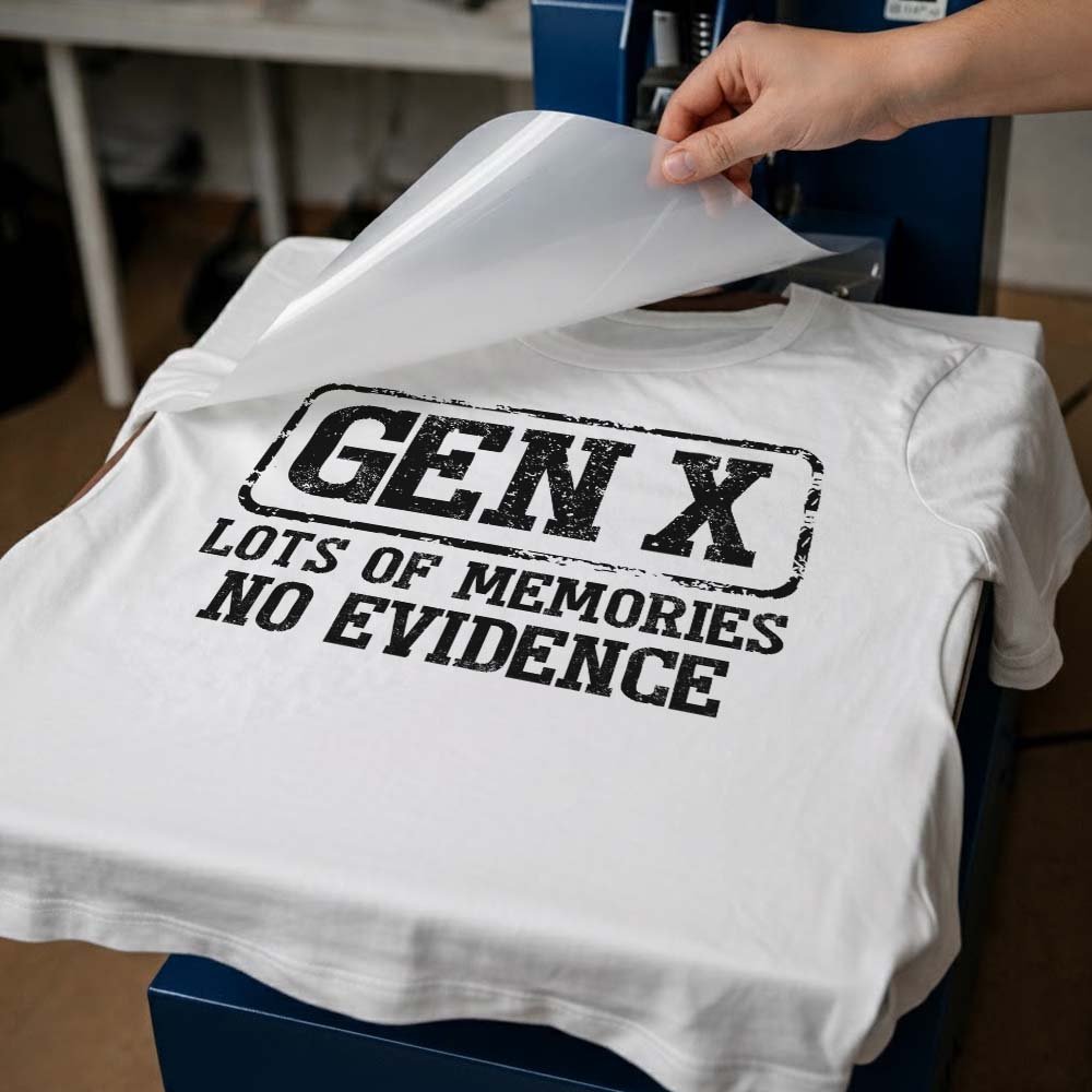 May include a humorous Gen X themed DTF transfer design featuring the phrase “Lots of Memories No Evidence” with bold retro-inspired lettering, nostalgic elements, and a playful vintage aesthetic.