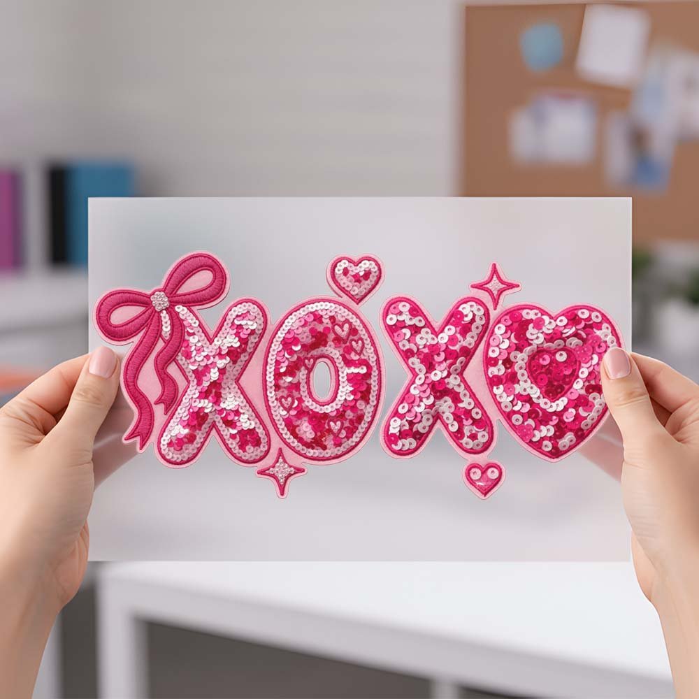 May include a festive “XOXO” design with sparkling sequin-inspired details, decorative lettering, and a glamorous Valentine’s-inspired aesthetic.