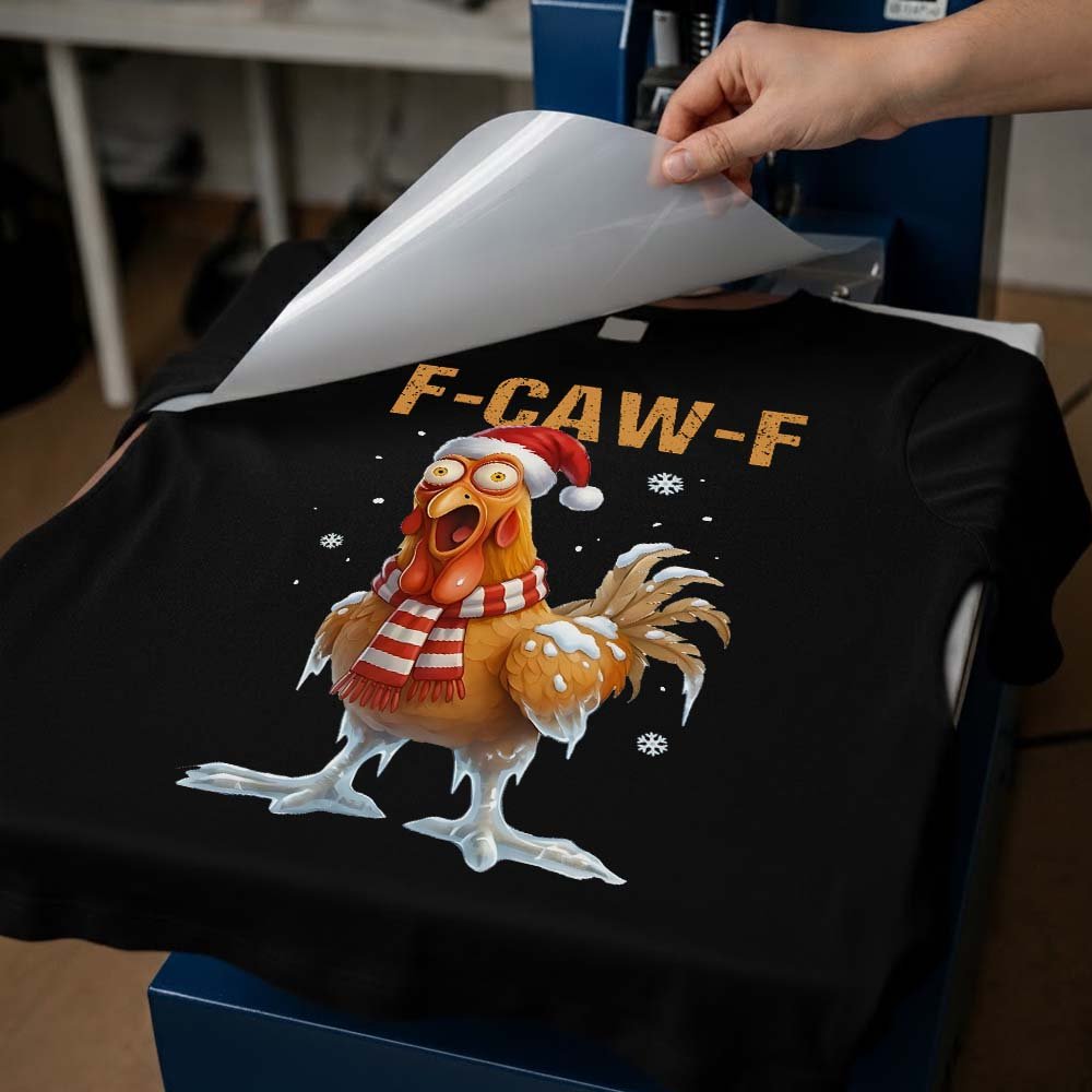 May include a funny “F-Caw-F Christmas Rooster” design as a 9.5-inch DTF transfer, ideal for customizing T-shirts, sweatshirts, tote bags, and other apparel.