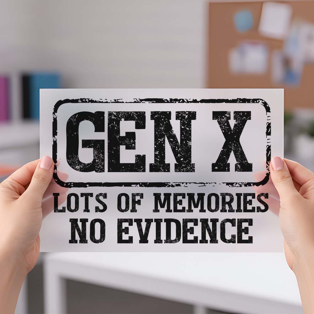 May include a humorous Gen X themed DTF transfer design featuring the phrase “Lots of Memories No Evidence” with bold retro-inspired lettering, nostalgic elements, and a playful vintage aesthetic.