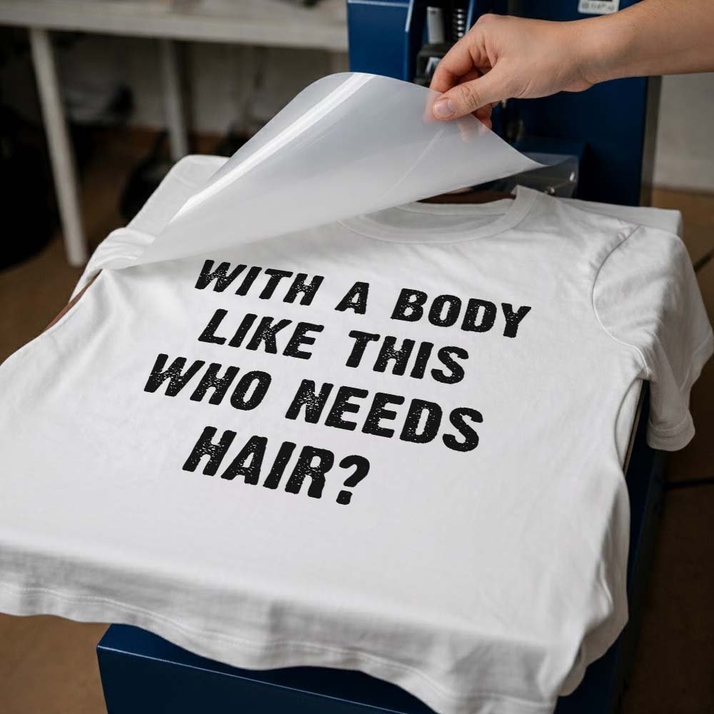 May include a humorous “With a Body Like This Who Needs Hair” design as a 9.5-inch DTF transfer, ideal for customizing T-shirts, sweatshirts, tote bags, and other apparel.